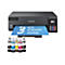 Imprimante Epson EcoTank noire avec impression papier bleue et bouteilles d'encre.