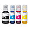 Quatre bouteilles d'encre Epson en noir, cyan, magenta et jaune.