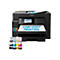 Imprimante Epson noire avec le texte bleu "LOW-COST PRINTING" sur le papier. Bouteilles d'encre colorées à côté de l'imprimante.