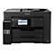 Schwarzer Drucker mit Farbdisplay, Tasten und Tintenpatronen. Auf dem Display werden Funktionen wie Kopieren, Scannen und Faxen angezeigt. Der Drucker ist von Epson.