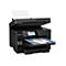 Schwarzer Epson-Multifunktionsdrucker mit offenem Deckel und herauskommendem Papier. Auf dem Display werden Optionen angezeigt.