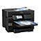 Schwarzer Epson-Multifunktionsdrucker mit Bedienfeld, Papiereinzug und Papierschacht; bedruckte Dokumente werden ausgegeben.