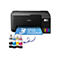Ein schwarzer Epson-Drucker mit blauen Papier und Aufschrift „3 Jahre Tinte inklusive“ sowie Tintentanks.