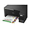 Schwarzer Epson EcoTank Drucker druckt ein Blatt. Auf dem Blatt sind farbige Bleistifte und Zahlen zu sehen.