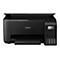 Schwarzer Epson EcoTank-Drucker auf weißem Hintergrund, mit geöffnetem Deckel und Bedienfeld mit Symbolen.