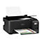 Ein schwarzer Epson Ecotank Drucker, der ein buntes Blatt mit mathematischen Aufgaben bedruckt. Rechts sind die Tanks mit Tinte zu sehen.