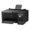 Schwarzer Epson EcoTank Drucker mit offenem Papierausgabefach. Der Drucker hat ein Bedienfeld mit verschiedenen Symbolen und einen Aufsatz für Papier.