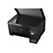 Schwarzer Drucker, Scannerabdeckung geöffnet. Mit Epson Logo und EcoTank-Tintentanks. Bedienfeld mit Knöpfen.