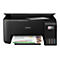 Schwarzer Epson EcoTank Drucker mit Tintentanks vorne und gedrucktem Arbeitsblatt im Ausgabefach.