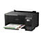 Schwarzer Epson EcoTank Drucker mit Tintentanks vorne, bedruckt gerade ein Arbeitsblatt.