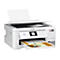 Weißer Epson EcoTank Multifunktionsdrucker mit Farbdisplay und gedrucktem Diagramm im Ausgabefach.
