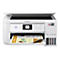 Weißer Epson EcoTank Multifunktionsdrucker mit Tintentanks und bedrucktem Blatt Papier.