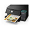 Schwarzer Epson-Drucker mit ausgedrucktem Dokument. Farbpatronen und Epson-Logo auf der rechten Seite.