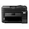 Schwarzer Epson EcoTank Drucker mit geÃ¶ffnetem Papierfach und geÃ¶ffneter Abdeckung oben. Tastenfeld, Display und Tintenstandsanzeige sind sichtbar.