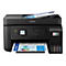 Schwarzer Epson Ecotank-Drucker mit Display, Tintentanks an der Seite und ausgedrucktem Dokument.