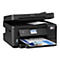 Schwarzer Epson EcoTank Multifunktionsdrucker mit offener Scannerabdeckung und bedrucktem Blatt Papier im Ausgabefach.