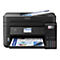 Schwarzer Epson EcoTank Multifunktionsdrucker mit Tintentanks vorne und bedrucktem Papier im Ausgabefach.