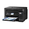 Schwarzer Epson EcoTank Multifunktionsdrucker mit Tintentanks vorne und bedrucktem Papier.