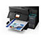 Schwarzer Drucker mit einem ausgedruckten Blatt Papier. Epson Logo auf der Seite. Farbtintenbehälter.
