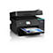 Schwarzer Epson Multifunktionsdrucker mit Tintentanks und einem ausgedruckten Farbdokument im Ausgabefach.