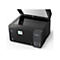 Schwarzer Epson EcoTank-Drucker mit geöffnetem Scannerdeckel, Touchscreen-Display und sichtbaren Tintentanks.