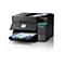 Schwarzer Epson EcoTank-Drucker mit Tintentanks vorne und Touchscreen-Display.