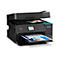 Schwarzer Epson EcoTank ET-4955 Multifunktionsdrucker mit Tintentanks und farbigen Diagrammen auf Papier.
