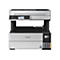 Ein weiß-schwarzer Epson EcoTank-Multifunktionsdrucker. Das Bedienfeld zeigt ein Display mit Menüoptionen. Auf der rechten Seite sind farbige Tintentanks zu sehen.