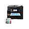 Schwarzer Epson Multifunktionsdrucker mit Papierausdruck mit spanischem Text, Tintenflaschen stehen davor.