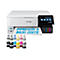 Une imprimante multifonction Epson blanche avec un écran tactile noir, à côté de cartouches d'encre de différentes couleurs.