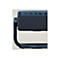 Blaues Projektor-Detail, auf einem Ständer. Oberseite mit Anschlüssen, darunter: Ein/Aus-Knopf, USB und HDMI. Dunkelgraue Textur an der Gehäuseseite.