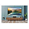 Großer Fernseher mit Seelandschaft. Darunter ein schwarzer Projektor auf einem Holzschrank. Zimmer mit Holzboden und grüner Wand.
