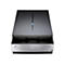 Ein Epson Perfection V850 Pro Scanner. Schwarzes Oberteil, silberne Unterseite. Blaue Linie und LED.