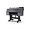 Ein großformatiger Tintenstrahldrucker Epson SureColor P7300 steht vor weißem Hintergrund. Dunkelgrau und schwarz, mit Rollen.