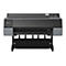 Großer, grauer Epson SureColor P9500 Drucker, Frontalansicht. Schwarze Papierablage, Rollenfüße, Farbdisplay.