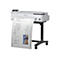 Ein weißer Großformatdrucker mit einer herausragenden Blaupause mit Hausgrundrissen, bedruckt mit technischen Spezifikationen und dem Logo "Global Works Design".