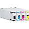 Vier Tintenpatronen in Weiss, Schwarz, Cyan, Magenta und Gelb, mit dem Epson-Logo. Alle sind in einer Reihe angeordnet.