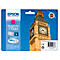 Eine Packung Epson T7033 Magenta Tinte vor dem Big Ben. Aufgedruckt sind Angaben zur Reichweite und Kompatibilität.