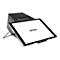 Eine schwarze Epson-Tablet-Halterung mit integriertem Drucker. Der Tablet-Bildschirm zeigt das Epson-Logo. Ein Kabel ist angeschlossen.