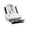 Un scanner Epson DS-410 blanc numérise un document. D'autres feuilles se trouvent dans le bac de sortie.