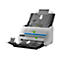 Un scanner Epson gris avec le couvercle ouvert, alimentant une feuille de papier. Accents bleus et verts.