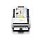 Weißer Epson-Scanner mit eingescanntem Papier. Oben liegt ein Dokument mit dem Titel "Inspiring Dialogue".