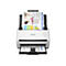 Ein weißer Epson-Scanner mit eingescannten Dokumenten, die das Drucken von Diagrammen zeigen. Im Ausgabefach befindet sich ein Ausdruck mit dem Wort „SOLUTIONS“.