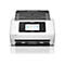 Scanner Epson blanc. Panneau de commande noir avec Ã©cran tactile. Couvercle supÃ©rieur ouvert. IcÃ´nes de numÃ©risation sur l'Ã©cran.