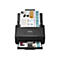Ein schwarzer Epson-Scanner mit geÃ¶ffnetem Einzug und zwei eingelegten BlÃ¤ttern mit Text. Das GerÃ¤t ist vor weiÃŸem Hintergrund platziert.