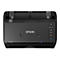 Ein schwarzer Epson-Scanner mit Bedienelementen und blauem WLAN-Licht.