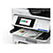 Nahaufnahme eines Epson Workforce Pro Druckers mit Touchscreen-Display und ausgedrucktem Dokument im Ausgabefach.