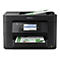 Schwarzer Epson Multifunktionsdrucker vor weißem Hintergrund mit bedrucktem Papier im Ausgabefach.