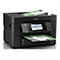 Schwarzer Epson Multifunktionsdrucker mit Touchscreen und bedrucktem Papier vor weißem Hintergrund.