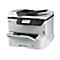 Weißer Epson Multifunktionsdrucker vor weißem Hintergrund mit Touchscreen-Display und offenem Papierfach.